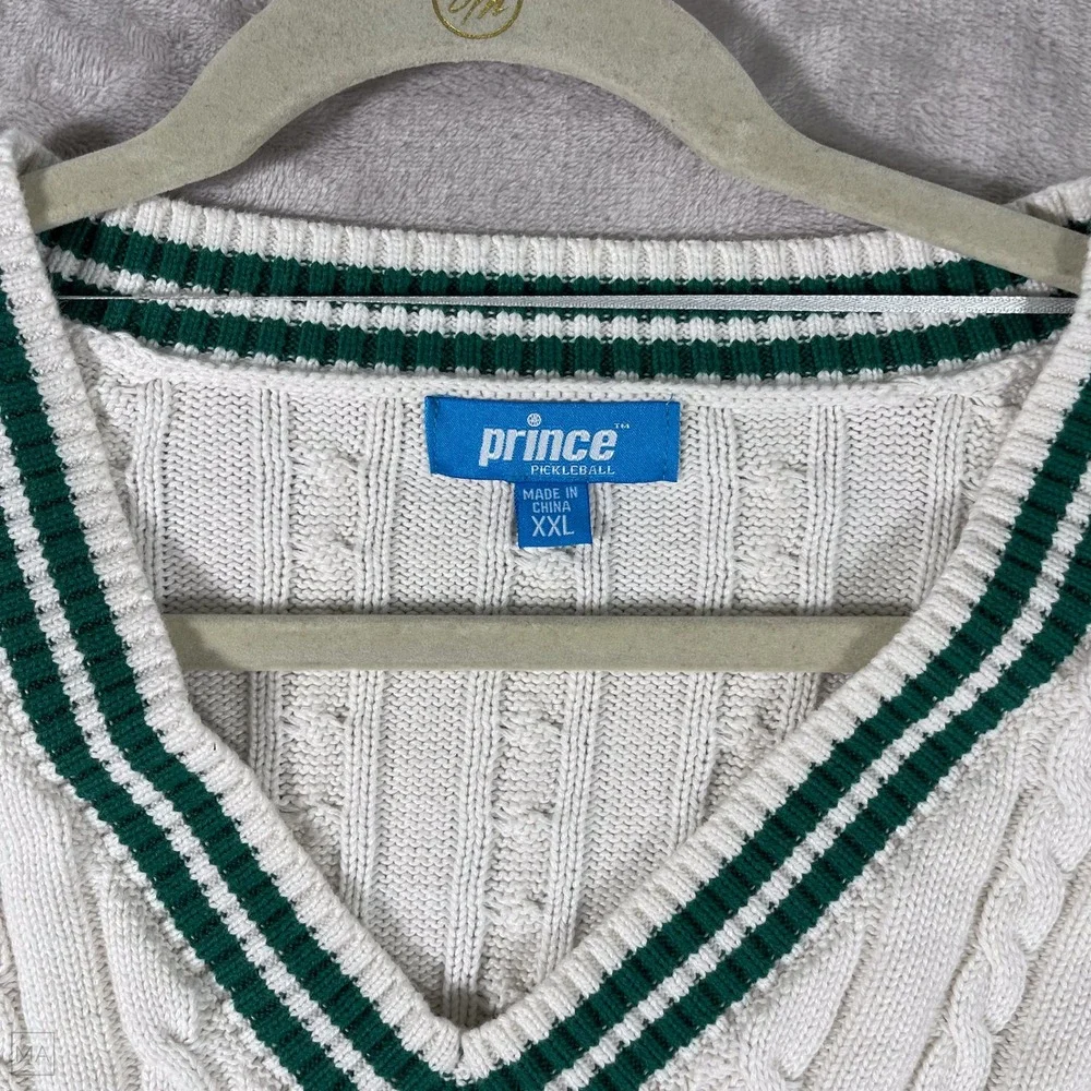 Prince Pickleball Womens Sweater Cable Knit Tennis Preppy V Neck XXL White/Green